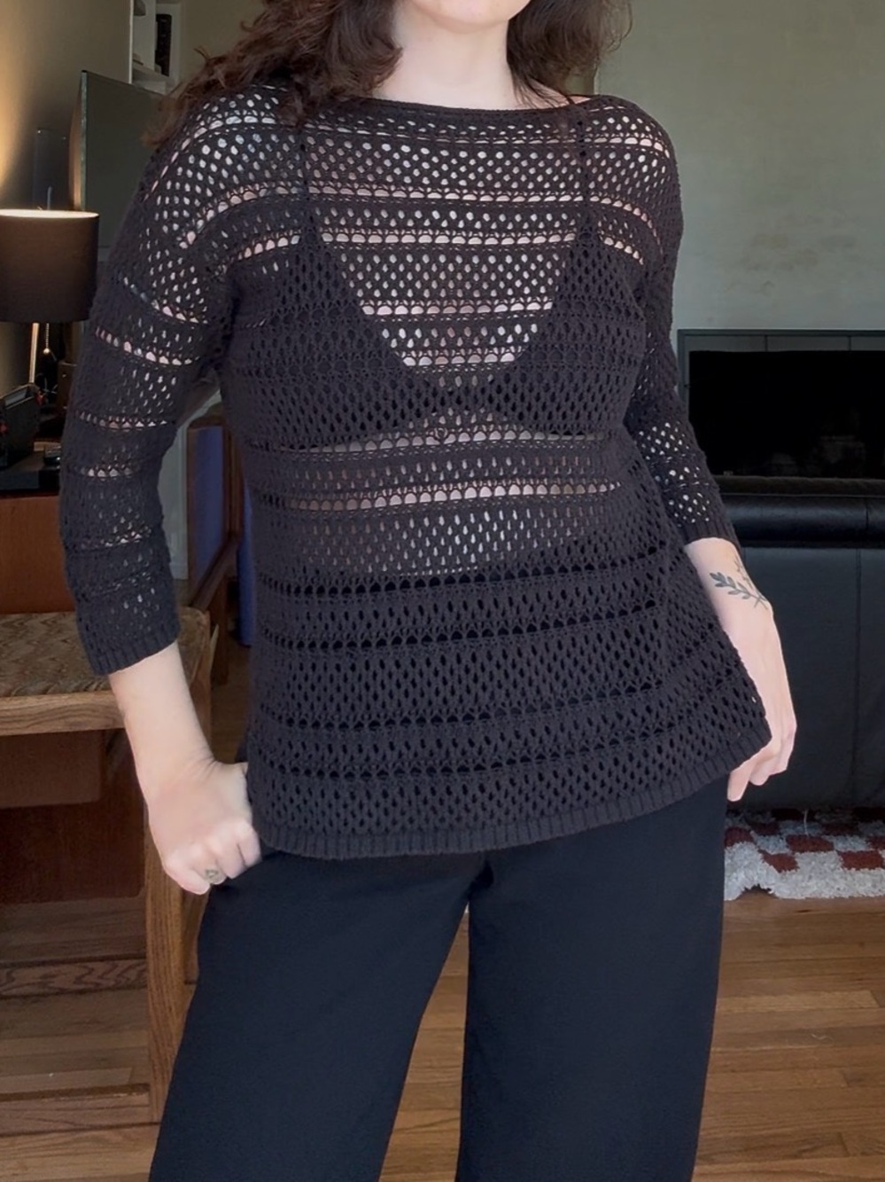 Black Crochet Knit Long Sleeve Top